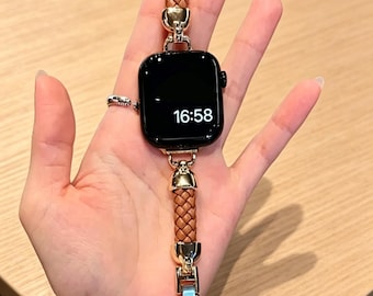 Girly Quilted Genuine Leather Band, Woven Leather With Metal Chain for Apple Watch 11/10/9/8 & SE