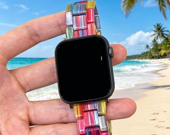 Feminine Marble Textured Rainbow Resin Strap, Light Slim Adjustable Summer Band for iWatch 11/10/9/8/7 & SE