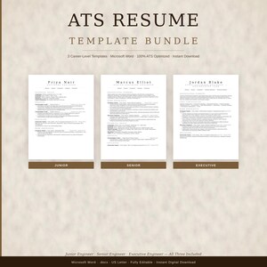 May include: A bundle of resume templates with the text "ATS RESUME TEMPLATE BUNDLE". The templates are for Junior, Senior, and Executive levels. The image includes the text "3 Career-Level Templates Microsoft Word - 100% ATS Optimized - Instant Download".