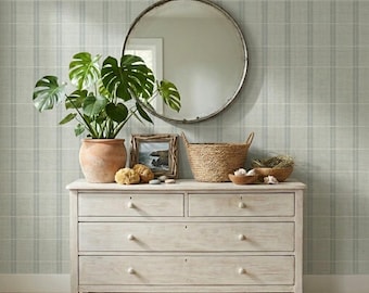 Muted Tan and Blue Stripes with Beige Linen Texture Plaid Wallpaper