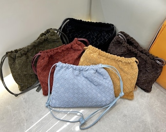 Handgemaakte geweven suède tas echt lederen crossbody zakje luxe schoudertas vrouwen geweven handtas zachte suède portemonnee avondtasje cadeau voor haar