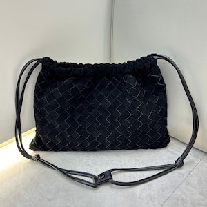 Bolso de mano tejido a mano de ante, bandolera de piel auténtica, bolso de hombro de lujo para mujer, bolso de mano tejido, cartera de ante suave, bolso de noche, regalo para ella. Negro