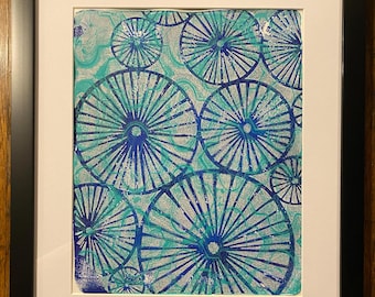 Ink and Impression: Spoke Pattern Original 8x10 Gelli Print Framed Blue Green OOAK