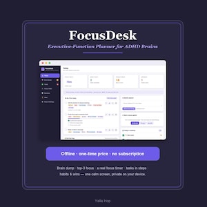 App per la pianificazione delle funzioni esecutive in caso di ADHD / Timer per la concentrazione, suddivisione delle attività e svuotamento mentale / Funziona offline, senza abbonamento