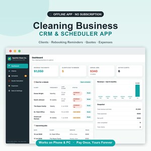 May include: A digital dashboard interface for a cleaning business CRM and scheduler app. The screen displays metrics like revenue, unpaid jobs, and active clients, alongside a list of upcoming jobs and rebooking reminders for Sparkle Clean Co.