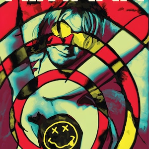 May include: A vibrant poster featuring the band name "NIRVANA" in bold white letters. The artwork showcases a stylized portrait with a yellow smiley face and a red, black, and yellow spiral design. The artist's signature is in the bottom right corner.