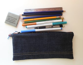 Denim zippered pencil bag - denim cotton bag - modern flower interior print - purse organizer -handmade clay bead pull tab-long cosmetic bag