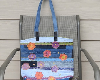 Denim bag-hand painted-modern design-repurposed denim patchwork design-school bag-grocery bag-unique-one of a kind conversation piece-purse