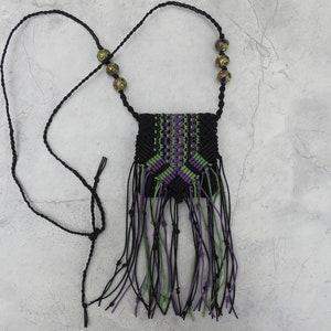 macrame necklace bag -macrame pouch- knotted fringe design- retro and boho- hippie fashion - multicolored- mini macrame bag-modern chic