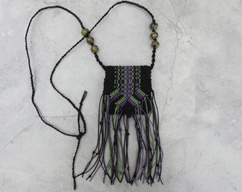 macrame necklace bag -macrame pouch- knotted fringe design- retro and boho- hippie fashion - multicolored- mini macrame bag-modern chic