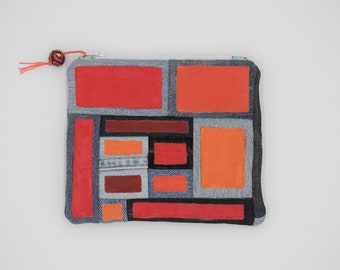 Denim pouch-small zippered cotton bag-coin purse-organizer-credit card holder-hand painted-modern design-repurposed denim-patchwork design