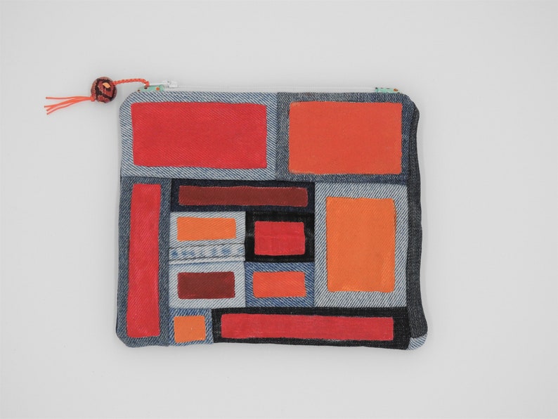 Denim pouch-small zippered cotton bag-coin purse-organizer-credit card holder-hand painted-modern design-repurposed denim-patchwork design image 1
