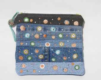 Denim pouch-small zippered cotton bag-coin purse-organizer-credit card holder-hand painted-modern design-repurposed denim-patchwork design