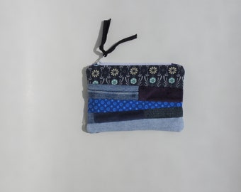 zippered bag - simple wallet - coin purse - pouch - multi colored fabric-patchwork-credit cards-velour-accessory bag-Christmas gift