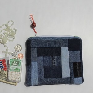 Denim pouch-small zippered cotton bag-coin purse-organizer-credit card holder-hand painted-modern design-repurposed denim-patchwork design image 5