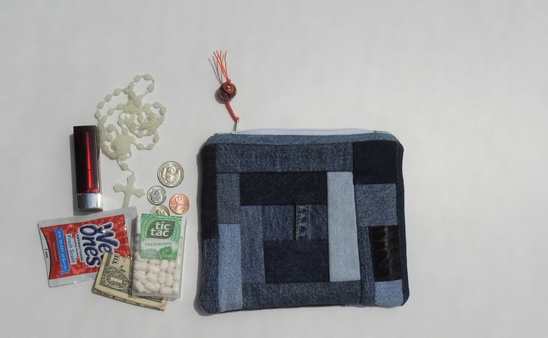 Denim pouch-small zippered cotton bag-coin purse-organizer-credit card holder-hand painted-modern design-repurposed denim-patchwork design image 5