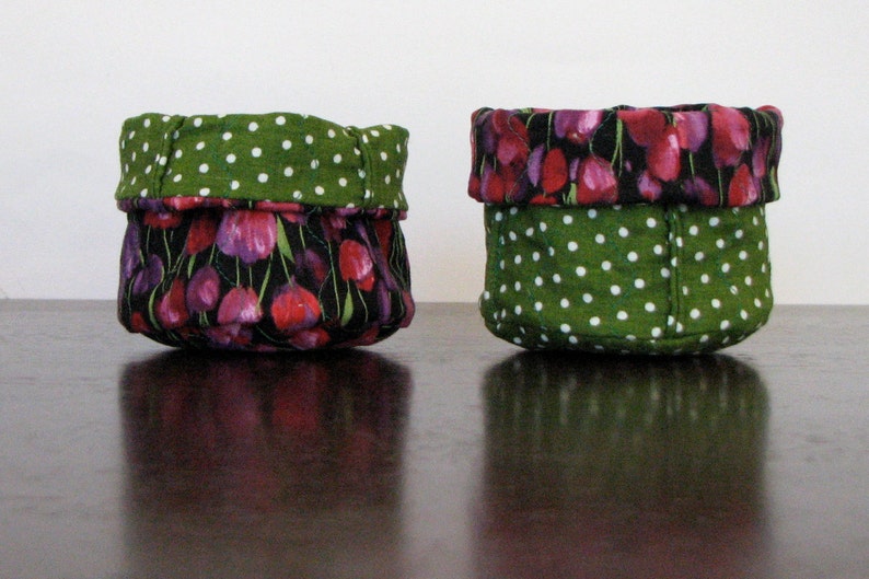 Soft sculpture bowl green polka dot print and black and pink floral tulip print fabrics bathroom organization bedroom organizer image 3