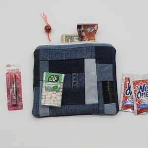 Denim pouch-small zippered cotton bag-coin purse-organizer-credit card holder-hand painted-modern design-repurposed denim-patchwork design image 4