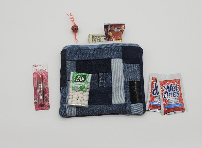 Denim pouch-small zippered cotton bag-coin purse-organizer-credit card holder-hand painted-modern design-repurposed denim-patchwork design image 4