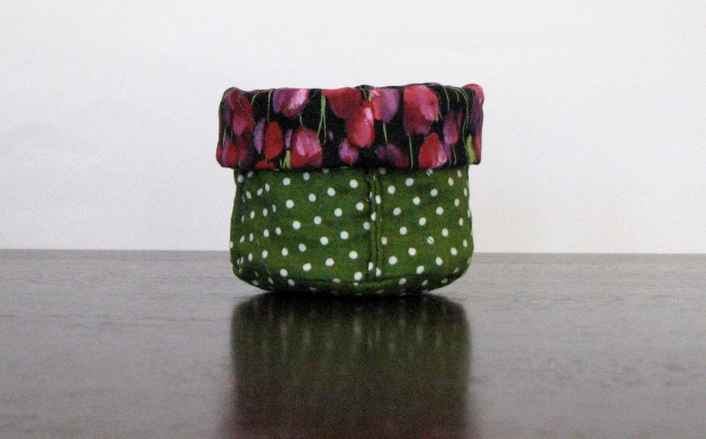 Soft sculpture bowl green polka dot print and black and pink floral tulip print fabrics bathroom organization bedroom organizer image 1