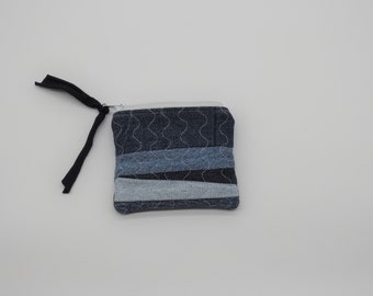 zippered bag-coin purse-pouch-denim fabric-patchwork-accessory bag-Christmas gift-small-earbud case-purse organizer