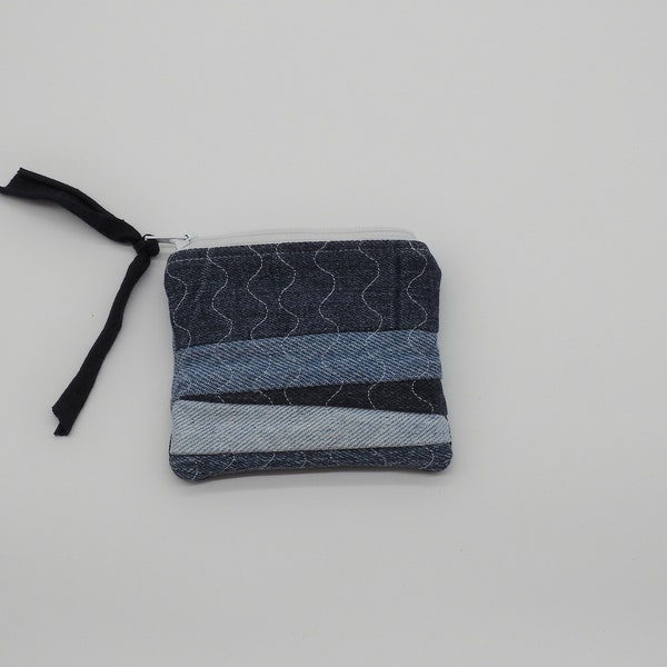 zippered bag-coin purse-pouch-denim fabric-patchwork-accessory bag-Christmas gift-small-earbud case-purse organizer