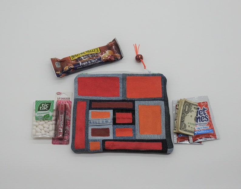 Denim pouch-small zippered cotton bag-coin purse-organizer-credit card holder-hand painted-modern design-repurposed denim-patchwork design image 2
