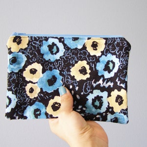 zipper bag  - black, blue, and beige floral clutch or pencil case - back to school - makeup bag - zipper pouch - purse organizer
