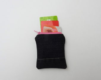 coin pouch-purse organizer-credit card holder-denim repurposed zippered pouch- modern design-small bag-pink interior-hearts fabric