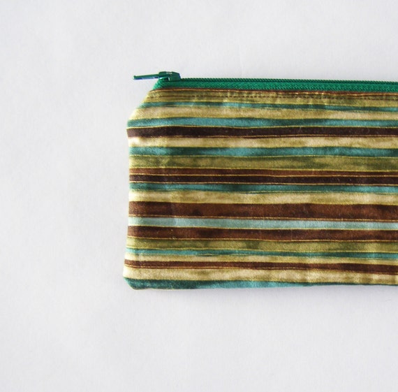 small zippered bag - green stripe fabric with gold accents - earth tones - zipper cotton bag - makeup bag - money bag