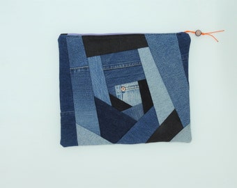 denim zipper bag-everyday bag-repurposed denim-retro and bohemian-patchwork design-organizer-school supplies-carry all- book bag-gift