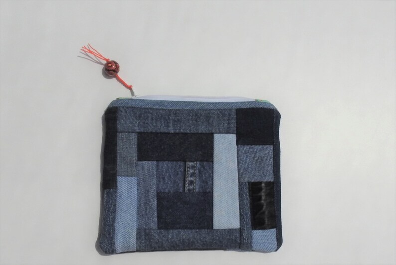 Denim pouch-small zippered cotton bag-coin purse-organizer-credit card holder-hand painted-modern design-repurposed denim-patchwork design image 3