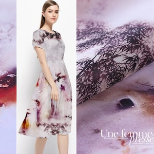 Silk Organza Satin Fabric/Bamboo Forest Print/54&quot;/138cm/12mm/for Blouses/Dresses/Umbrella Skirts/Tutu Skirts/Shirt/Coat-By the Yard