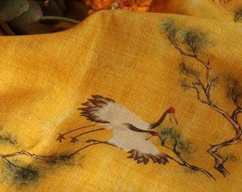 SONGHE - Pine Crane Printed Ramie Fabric-By the Yard