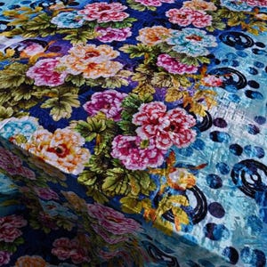 Blue floral silk burnout fabric, silk velvet, , 114cm/45”, Fashion Fabric for dresses, shawls, kimonos, by the yard image 4