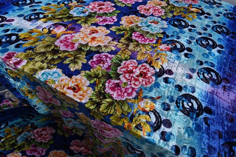Blue floral silk burnout fabric, silk velvet, , 114cm/45”, Fashion Fabric for dresses, shawls, kimonos, by the yard image 4