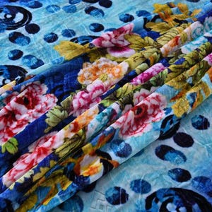 Blue floral silk burnout fabric, silk velvet, , 114cm/45”, Fashion Fabric for dresses, shawls, kimonos, by the yard image 3