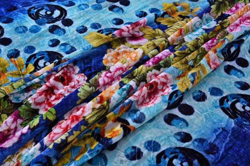 Blue floral silk burnout fabric, silk velvet, , 114cm/45”, Fashion Fabric for dresses, shawls, kimonos, by the yard image 3