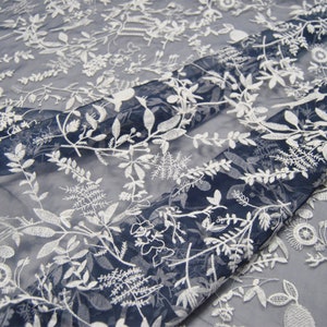 HAIKUO - Navy Blue Embroidered Silk Organza Fabric - 130cm wide by the Yard