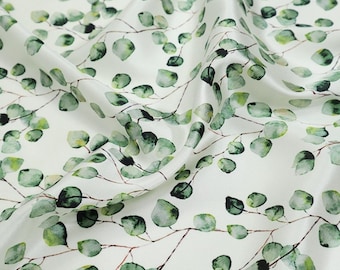 Green Leaf - 19 Momme Digital Print Stretch Silk Satin Fabric 135cm by the Yard