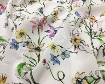 QINGXIN - 16 momme Floral Print Silk Crepe de Chine Fabric - 135cm wide by the Yard