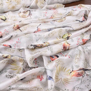 Silk Rayon Chiffon Fabric/Beautiful Bird and Floral print/55&quot;/140cm/for Summer Dresses/Blouses/Skirts/Scarves-By the Yard
