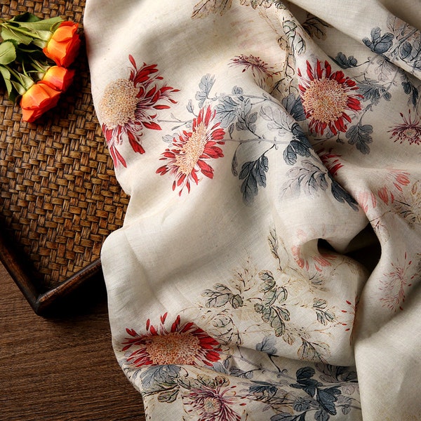 MULAN Herfstchrysant bedrukte beige rameestof op maat gesneden