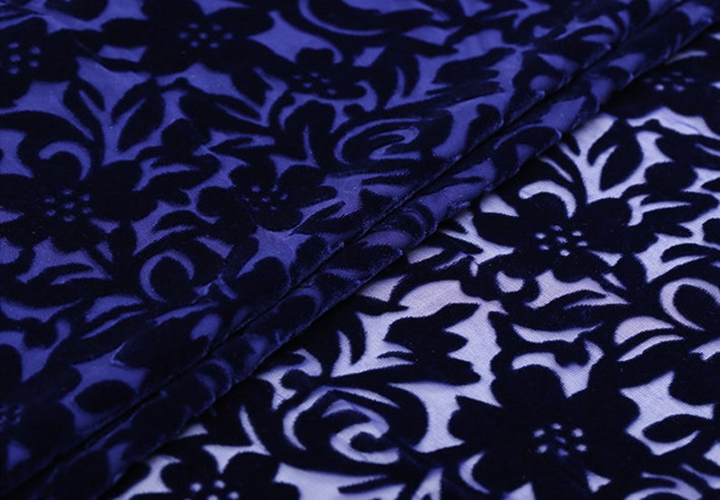Dark blue floral silk burnout silk rayon velvet 114cm/45 | Etsy