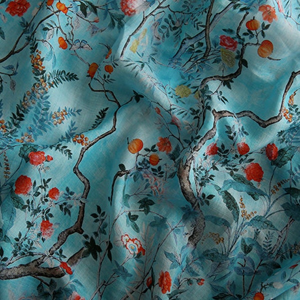 LIUXU Beautiful Printed Pomegranate Blue Ramie fabric By the Yard
