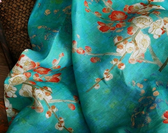 LANMEI Wintersweet Floral Printed Blue Ramie fabric By the Yard