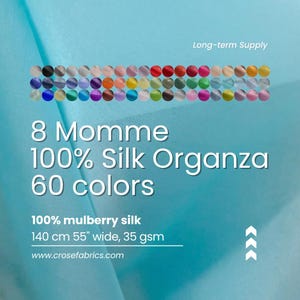 Puede incluir: Tela de organza de seda 100% de 8 momme en color azul claro, con un peso de 35 gsm y 140 cm de ancho. La imagen muestra una paleta de 60 muestras circulares, con el texto Long-term Supply, 100% mulberry silk, 140 cm 55" wide, 35 gsm.