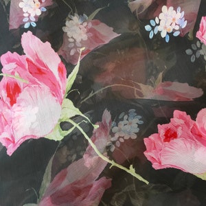 FENHUA - 5.5 Momme Pink Floral Print on Black Crinkled Silk Georgette Fabric - 140cm by the Yard
