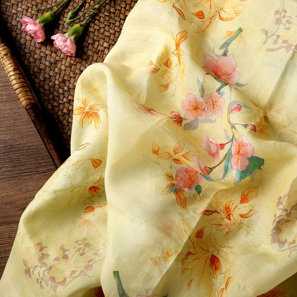 MEIHUA Peach Blossom Floral Printed Yellow Ramie Fabric By the Yard