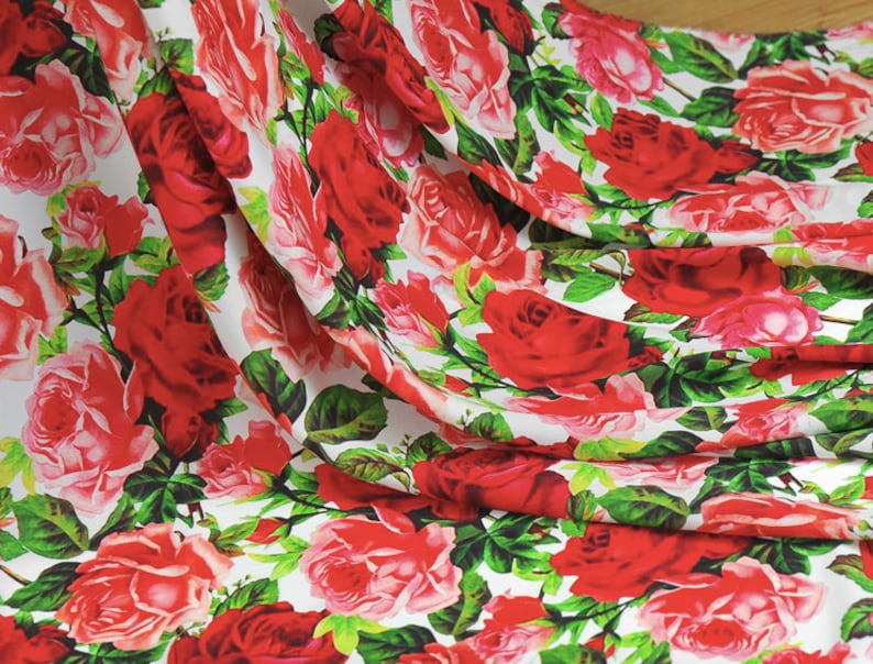 112cm44 for SpringSummer Dresses skirts blouses Red roses Silk stretch double Georgette fabric by the yard